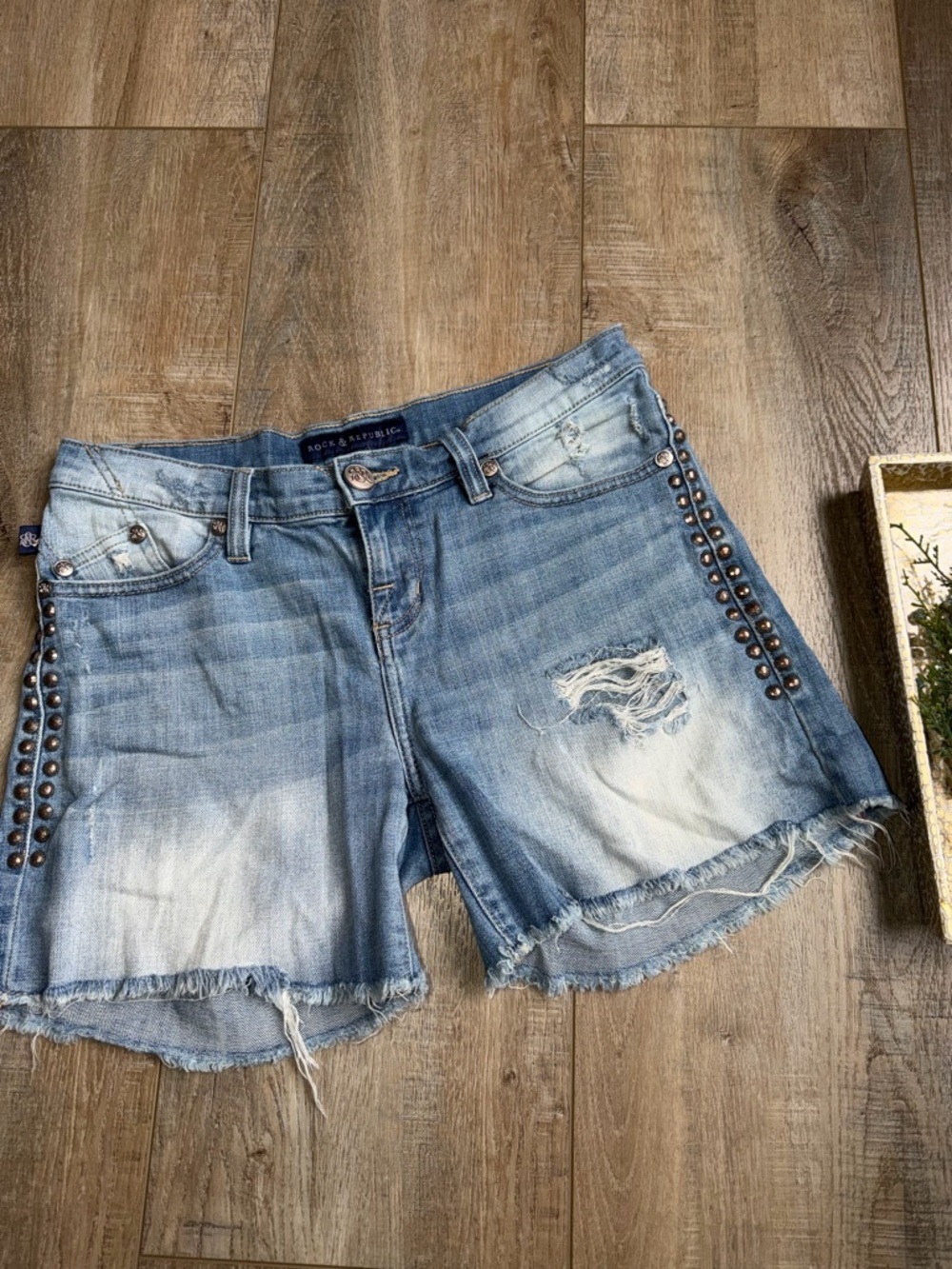 Rock & Republic Light Blue Distressed Denim Shorts with Stud Accents